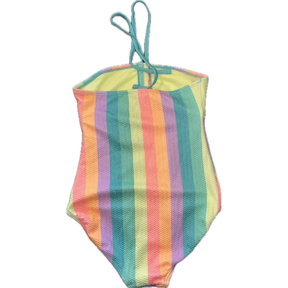 Cat & Jack Girls Rainbow Striped One Piece Swimsuit & Neon Pink Lace CoverUp Set